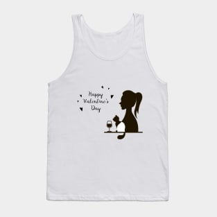 Happy Valentine`s Day female silhouette with the silhouette of a cat and a glass of wine Tank Top